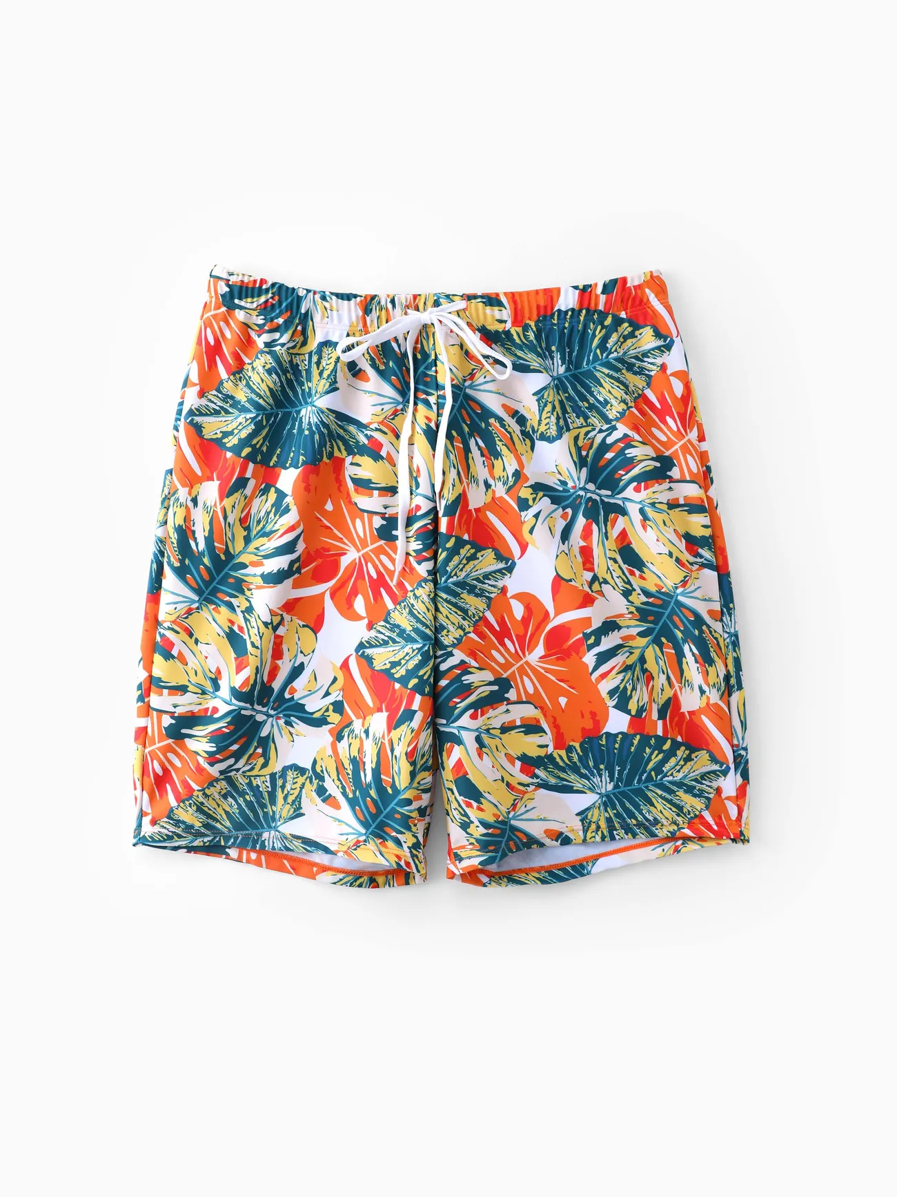 

Family Matching Orange and All Over Tropical Plant Print Splicing Ruffle One-Piece Swimsuit and Swim Trunks Shorts