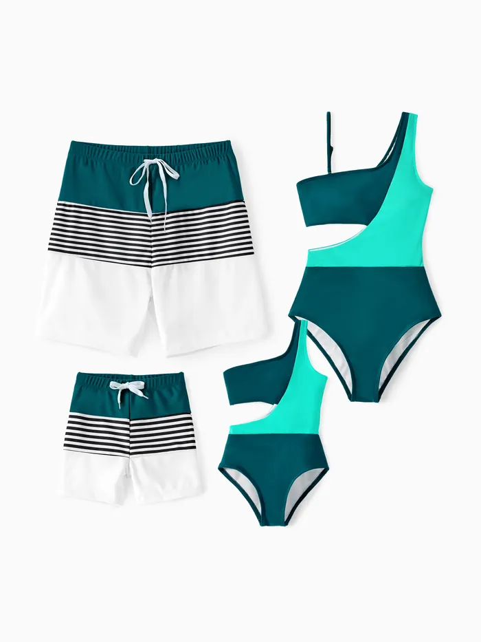 Family Matching Colorblock One Shoulder Cut Out One-piece Swimsuit and Striped Spliced Swim Trunks Shorts