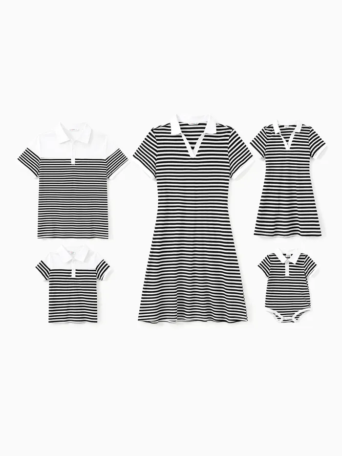 Family Matching Sets Striped Color Block Polo Shirt or A-Line V-Neck Short Sleeves Dress 