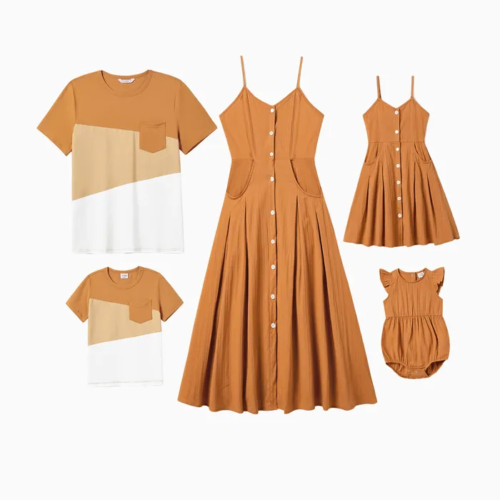Family Matching Sets Color block Tee and Embossed Button Strap Dress with large Pockets 