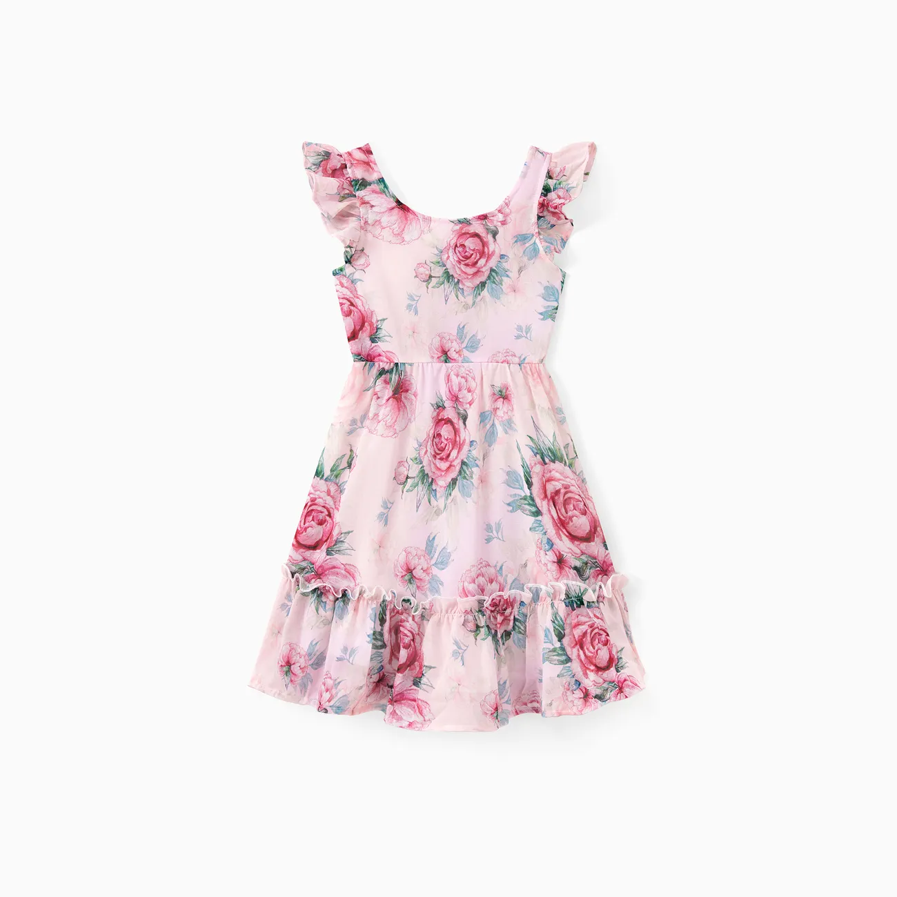 Mommy and Me Pink Rose Floral Square Neck Ruffle Trim Sleeveless Dress