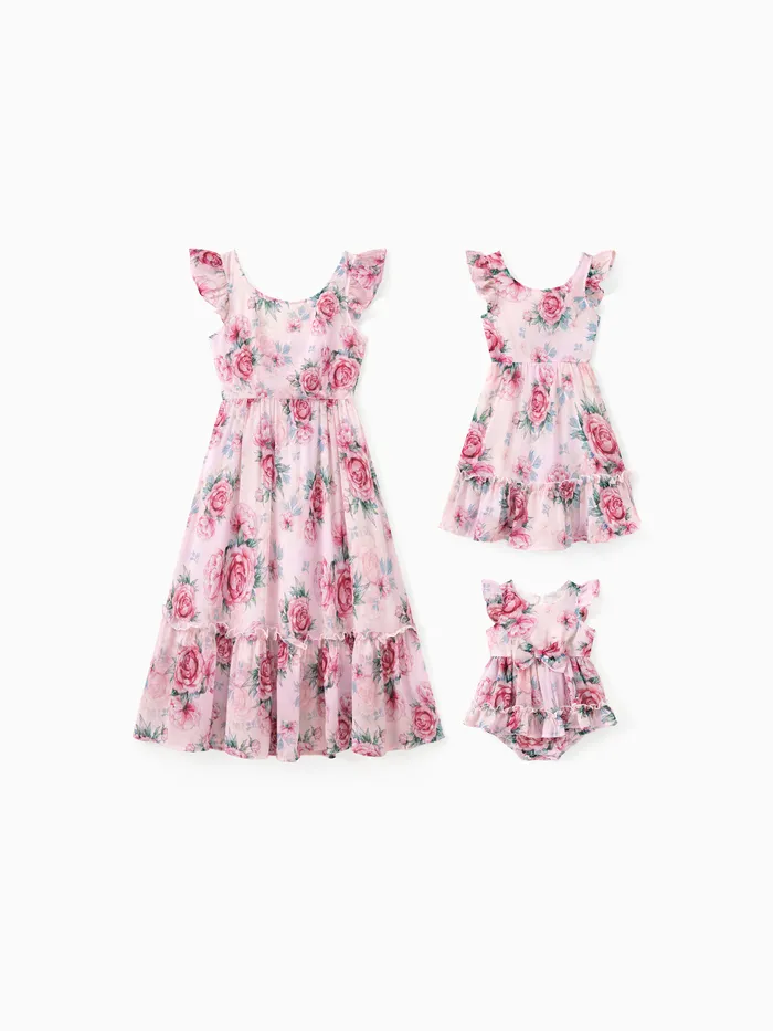Mommy and Me Pink Rose Floral Square Neck Ruffle Trim Sleeveless Dress 