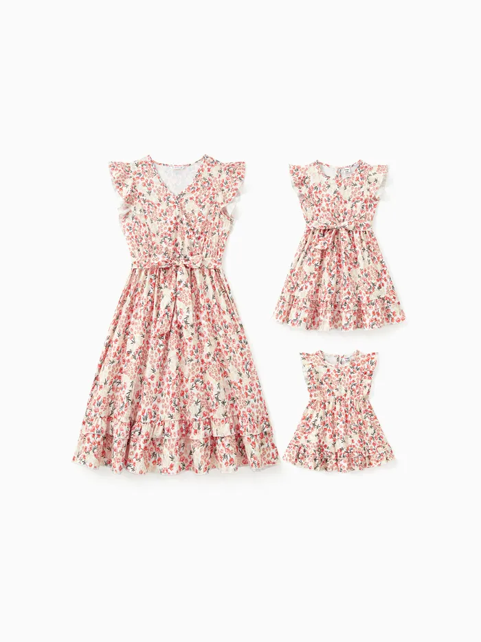 Mommy and Me Ruffle Trim Belted Floral Matching Dress with Hidden Snap