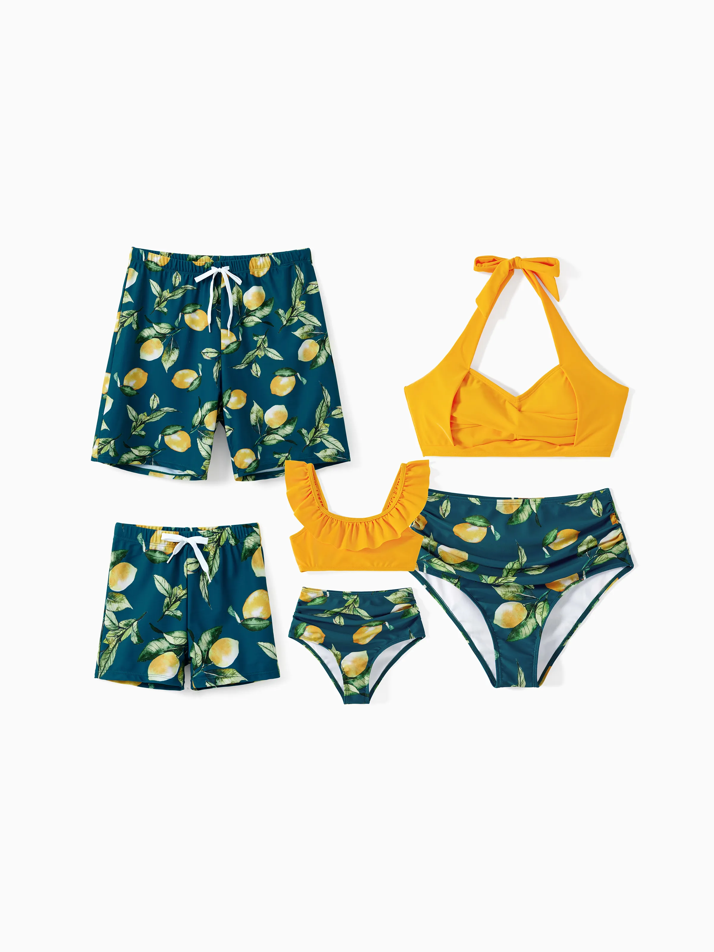 

Family Matching Allover Lemon Print and Solid Halter Neck Two-piece Swimsuit or Swim Trunks Shorts