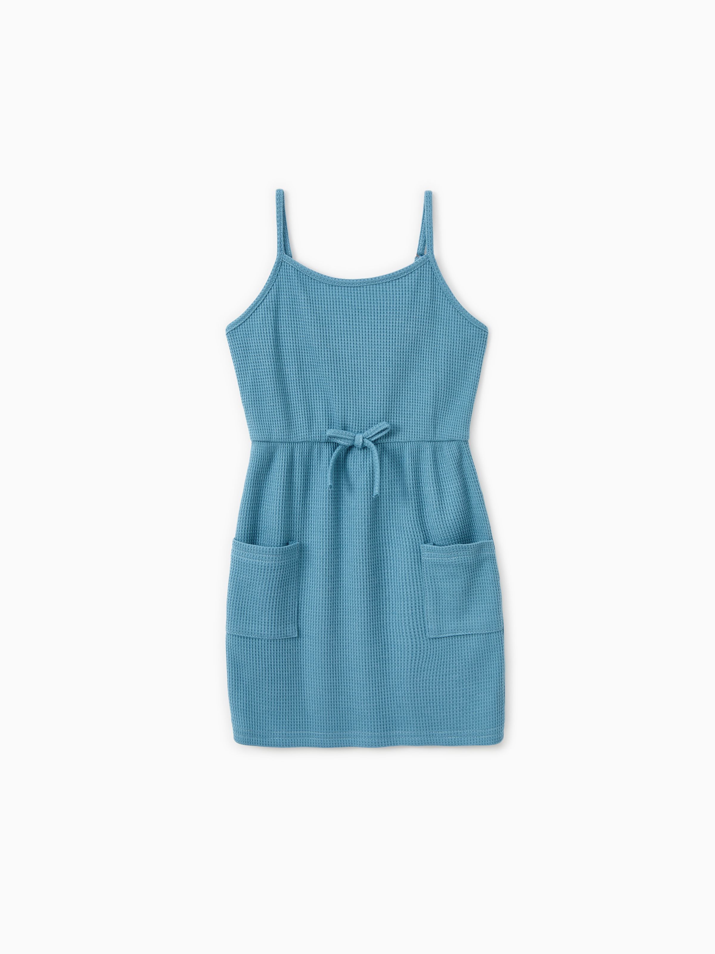 

Family Matching Sets Blue Waffle Knit Henley Neck Button Top or String Waist Strap Dress with Pockets