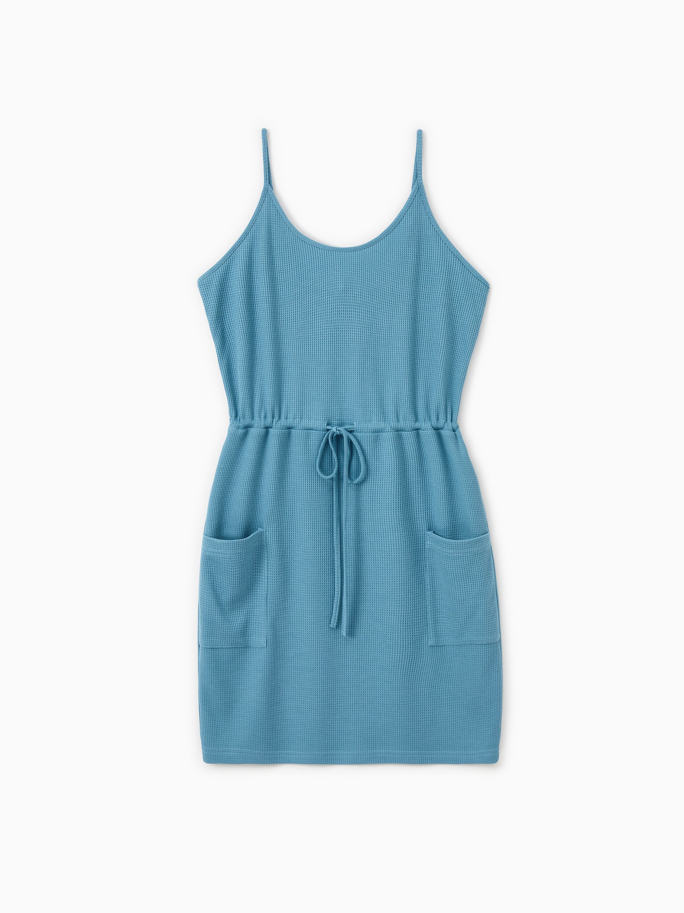 

Family Matching Sets Blue Waffle Knit Henley Neck Button Top or String Waist Strap Dress with Pockets