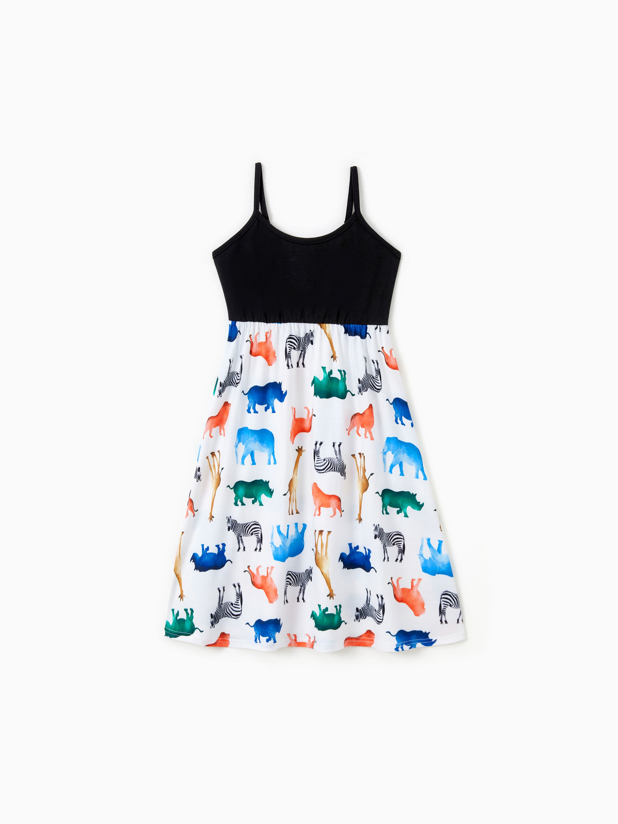 

Family Matching Sets Black/Animal Allover Tee or Black Cami Top Spliced Colorful Animal Pattern Bottom Strap Dress
