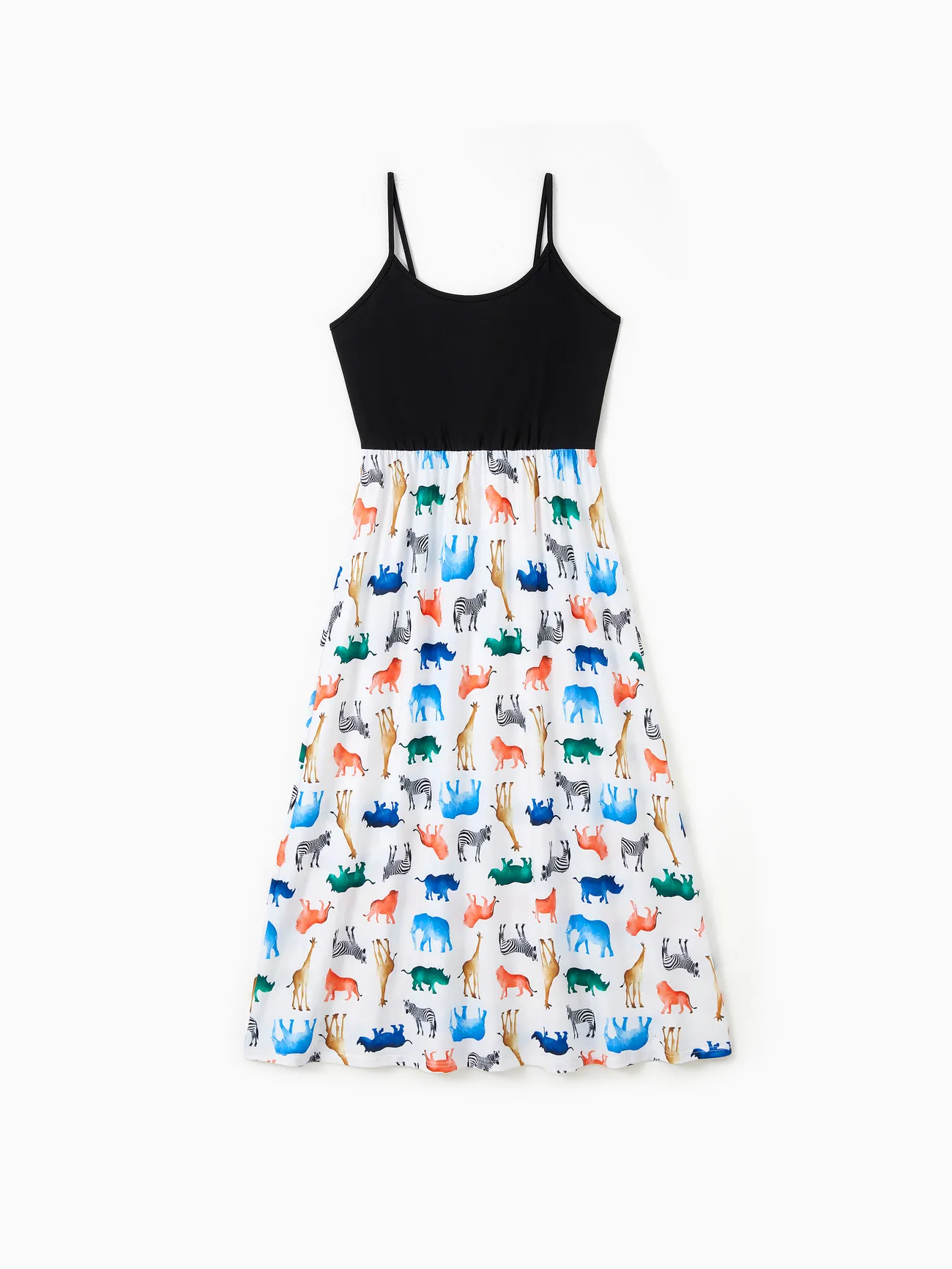 

Family Matching Sets Black/Animal Allover Tee or Black Cami Top Spliced Colorful Animal Pattern Bottom Strap Dress