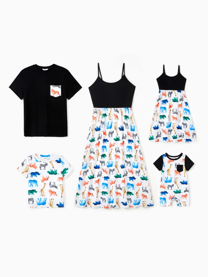 Family Matching Sets Black/Animal Allover Tee or Black Cami Top Spliced Colorful Animal Pattern Bottom Strap Dress 