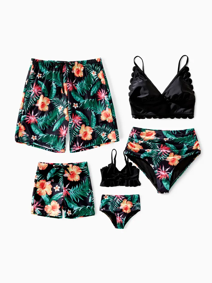 Family Matching Tropical Floral Drawstring Swim Trunks or Shell Edge Bikini