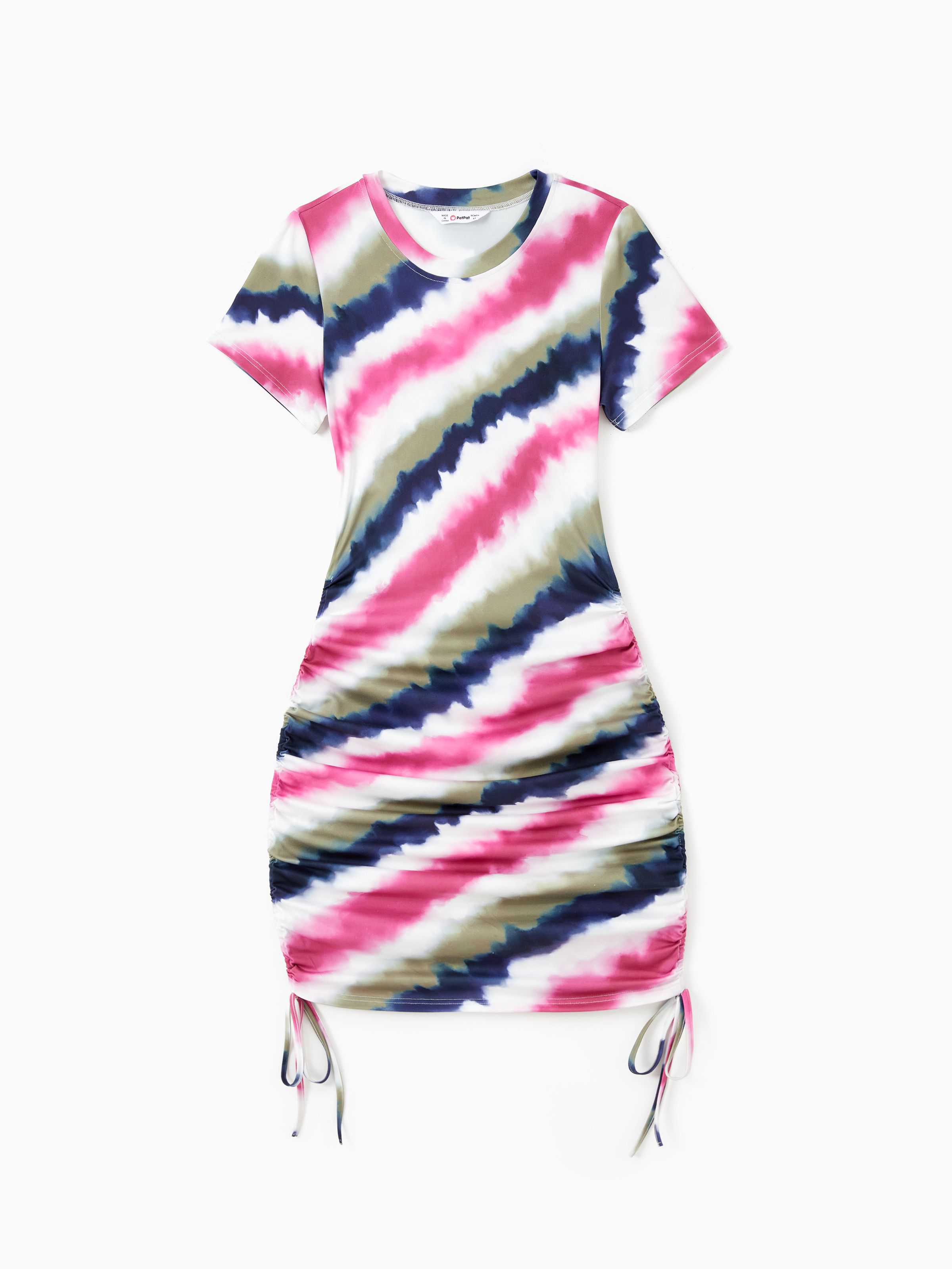 

Family Matching Sets Multi-Color Tie-Dye Diagonal Striped Tee or Drawstring Body-con Short Sleeves Dress