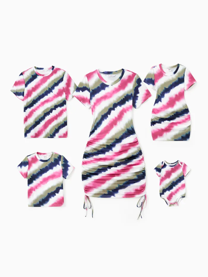 Family Matching Sets Multi-Color Tie-Dye Diagonal Striped Tee or Drawstring Body-con Short Sleeves Dress 