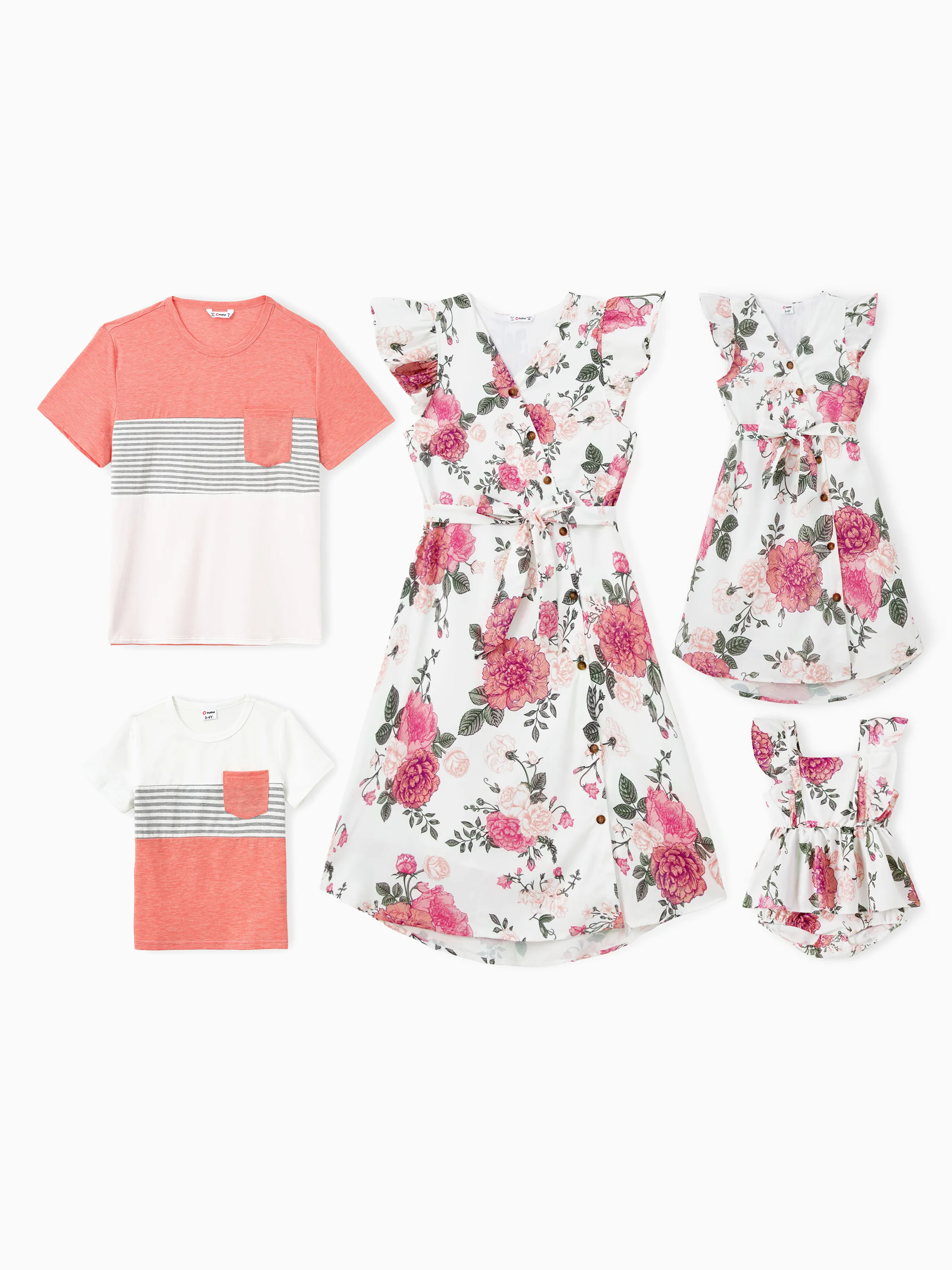 家庭配套拼色 T 恤或熱帶花卉紐扣裹身設計連衣裙