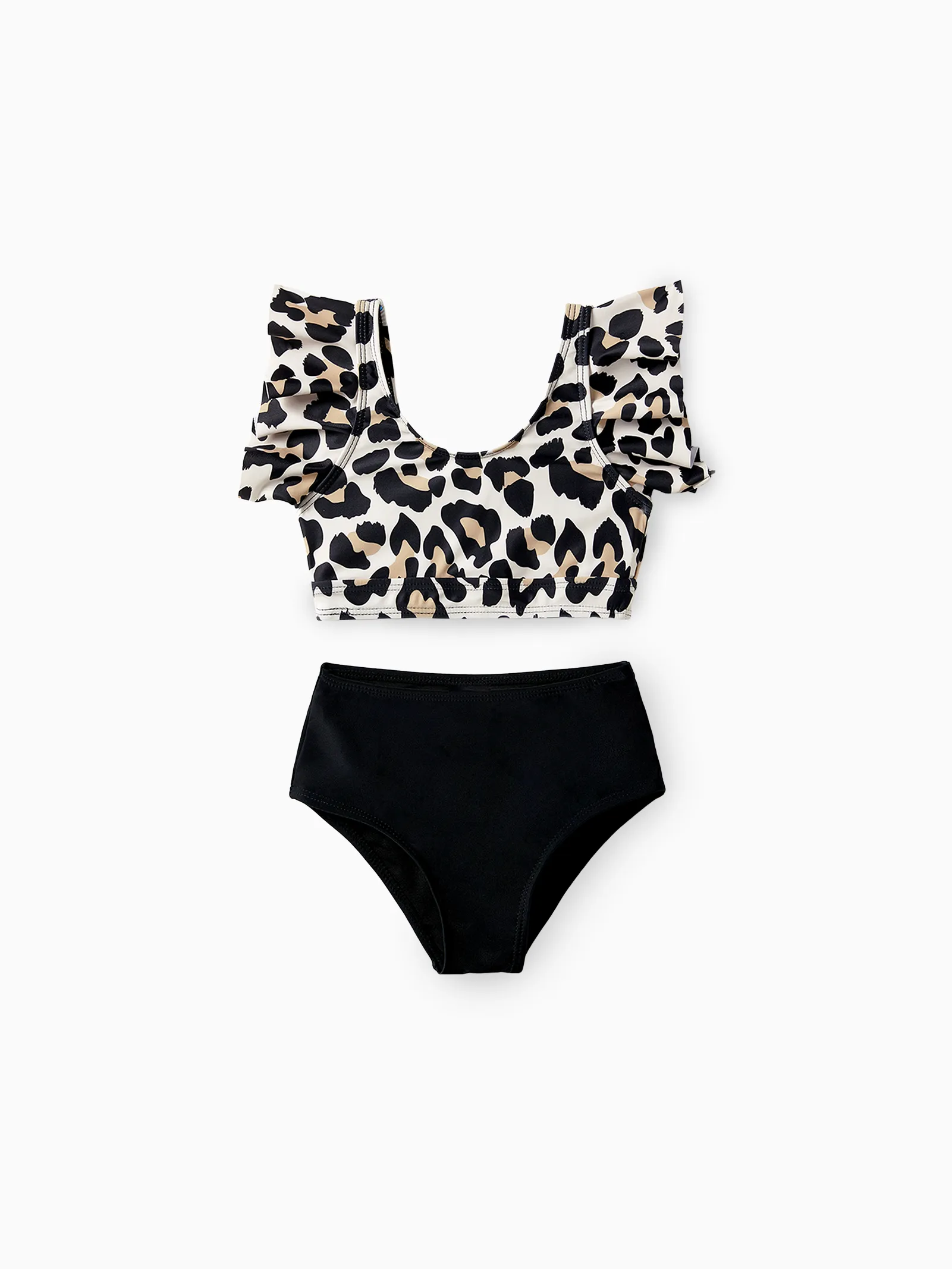 

Family Matching Leopard Pattern Drawstring Swim Trunks or Ruffle Neck Two-Piece Bikini with Optional Cover Up Sarong Skirt