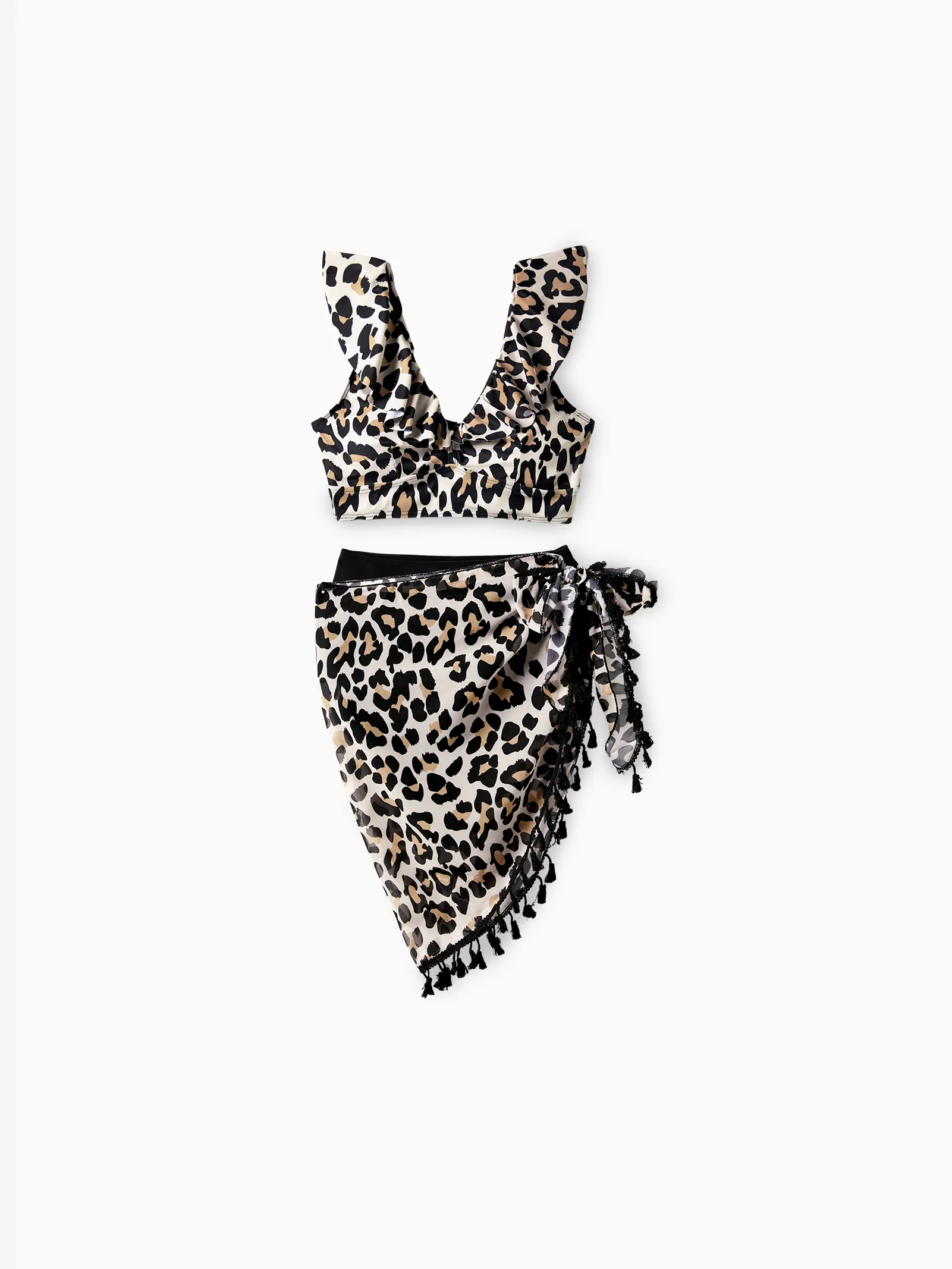 

Family Matching Leopard Pattern Drawstring Swim Trunks or Ruffle Neck Two-Piece Bikini with Optional Cover Up Sarong Skirt