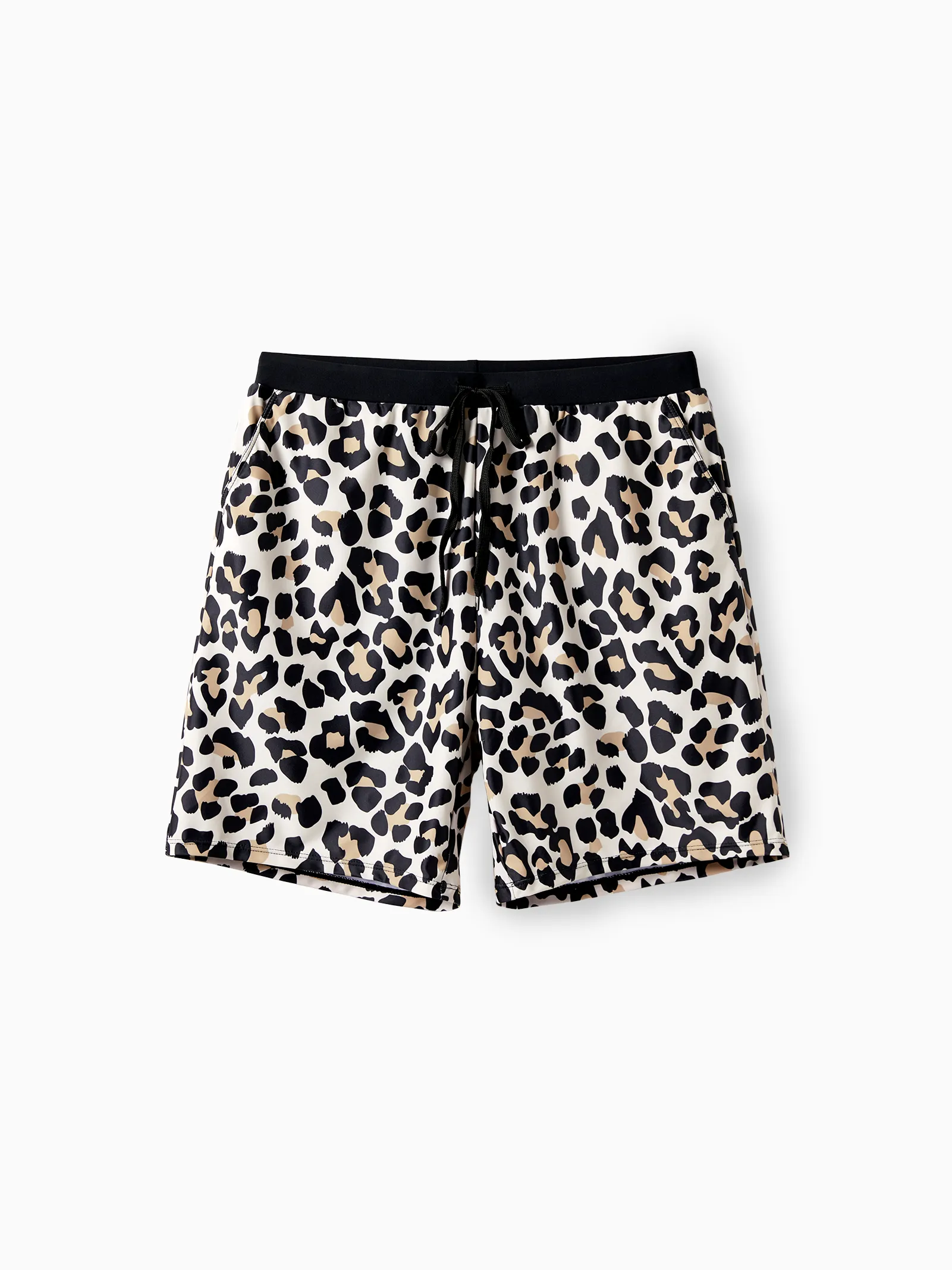 

Family Matching Leopard Pattern Drawstring Swim Trunks or Ruffle Neck Two-Piece Bikini with Optional Cover Up Sarong Skirt