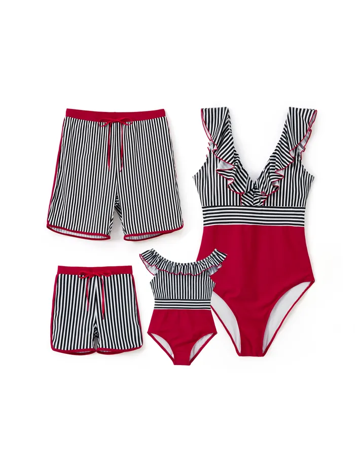 Family Matching Striped Swim Trunks Shorts and Ruffle Splicing One-Piece Swimsuit