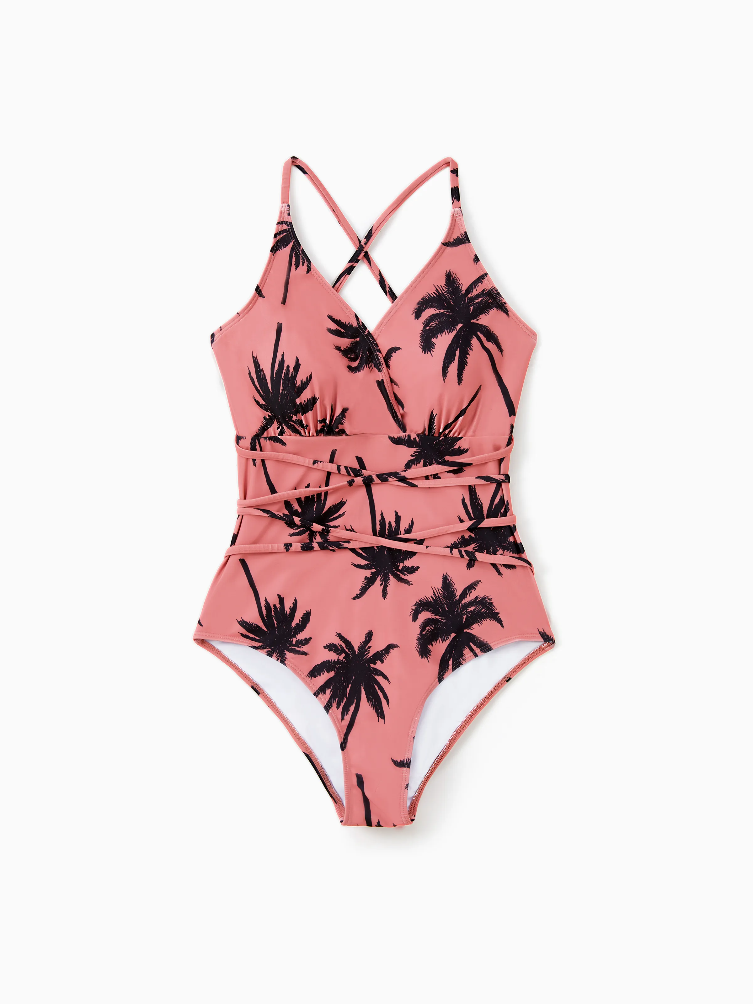 

Family Matching All Over Coconut Tree Print Pink Swim Trunks Shorts and Spaghetti Strap One-Piece Swimsuit