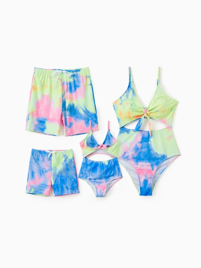 Family Matching Tie Dye V Neck Self-tie Hollow Out Spaghetti Strap One-Piece Swimsuit and Swim Trunks Shorts