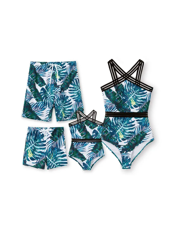Family Matching Allover Palm Leaf Print Crisscross One-piece Swimsuit and Swim Trunks