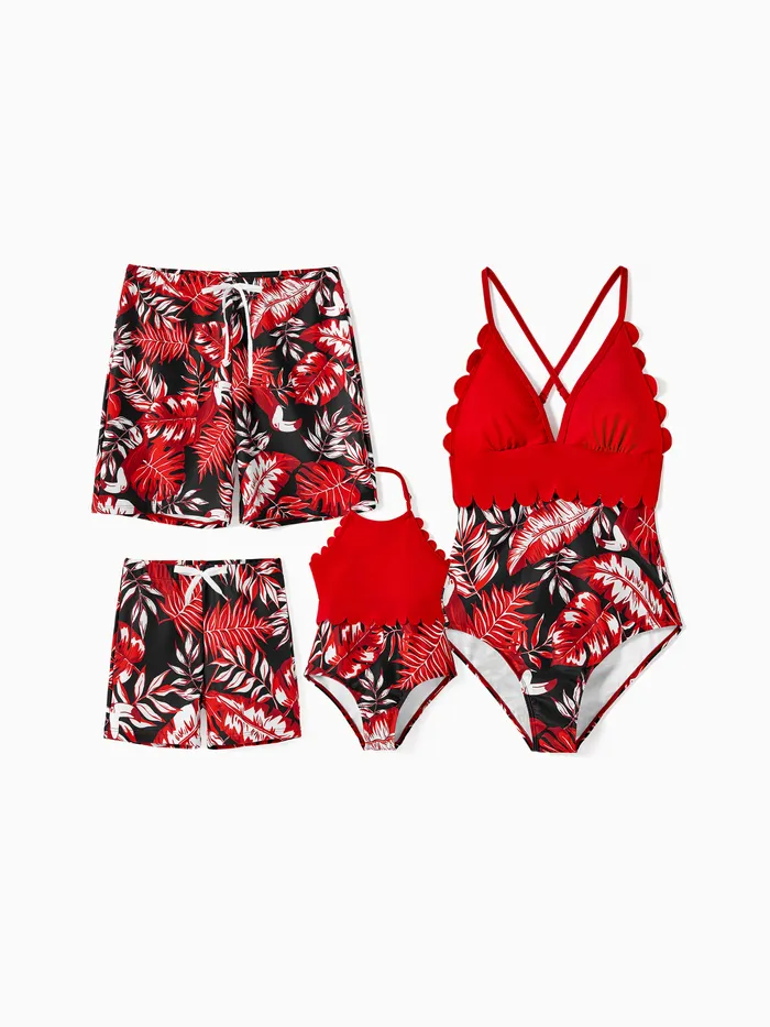 Family Matching Allover Plant Print Swim Trunks and Scallop Trim One-piece Swimsuit