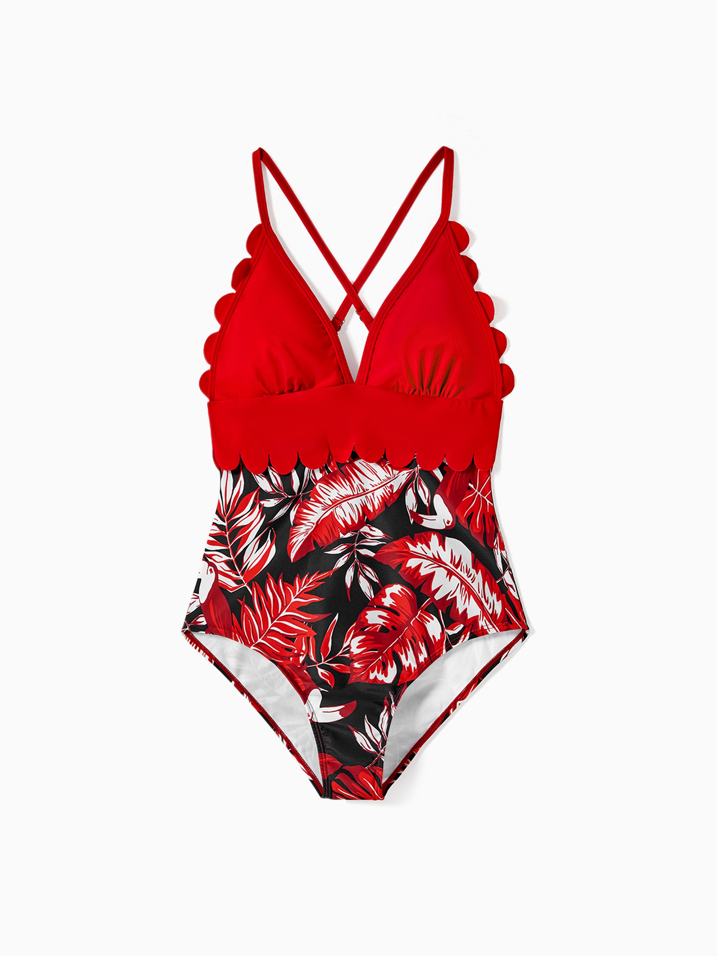 

Family Matching Allover Plant Print Swim Trunks and Scallop Trim One-piece Swimsuit
