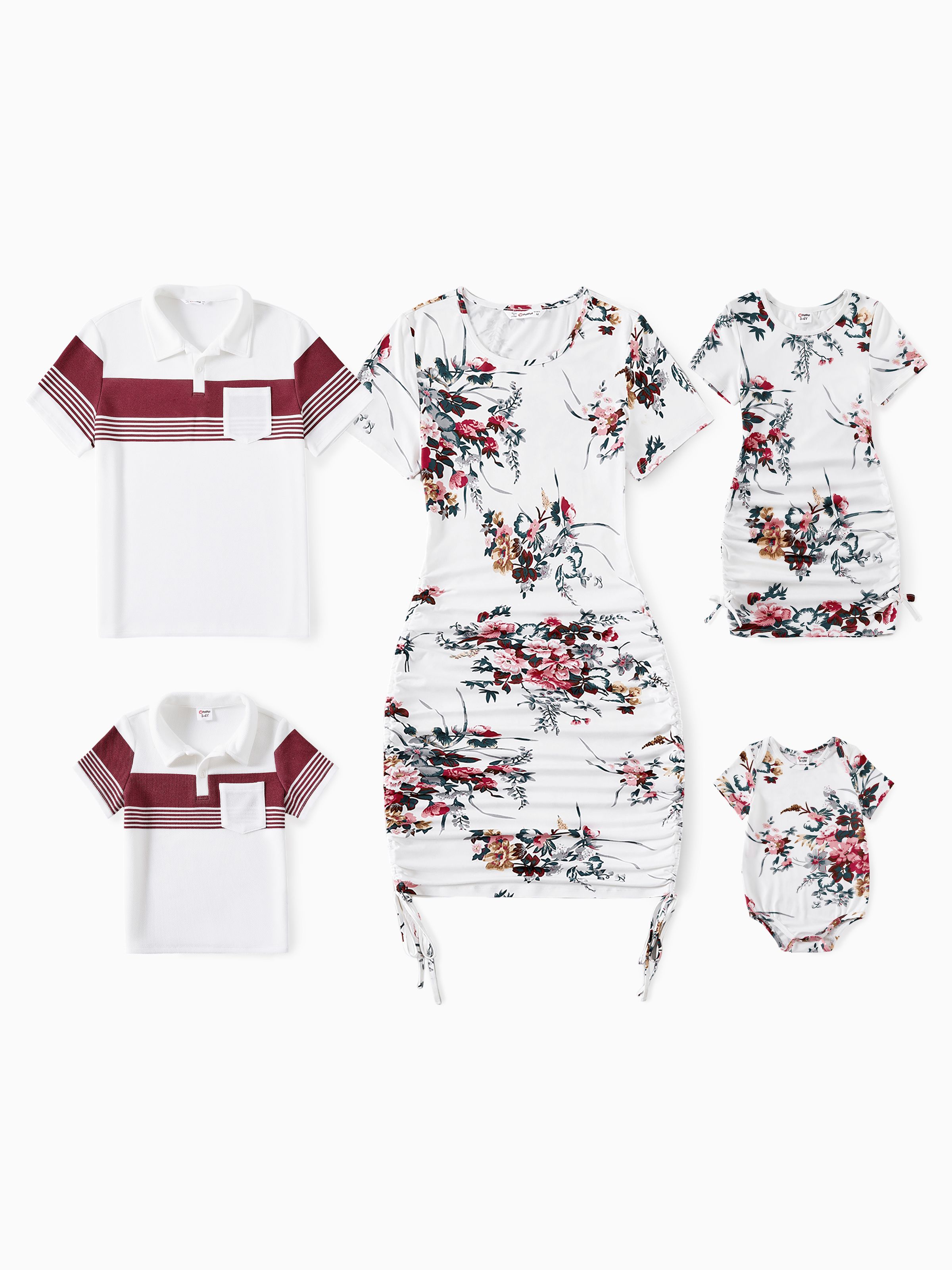 

Family Matching All Over Floral Print Short-sleeve Drawstring Ruched Bodycon Dresses and Colorblock Short-sleeve T-shirts Sets
