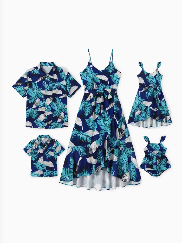 Conjunto familiar de vestido con tirantes cruzados con estampado de plumas y hojas y camisa de playa