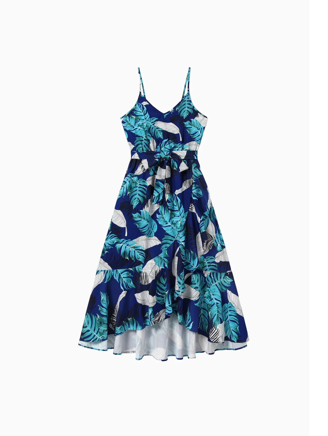 

Family Matching Feather and Leaf Pattern Wrap Strap Dress and Beach Shirt Sets