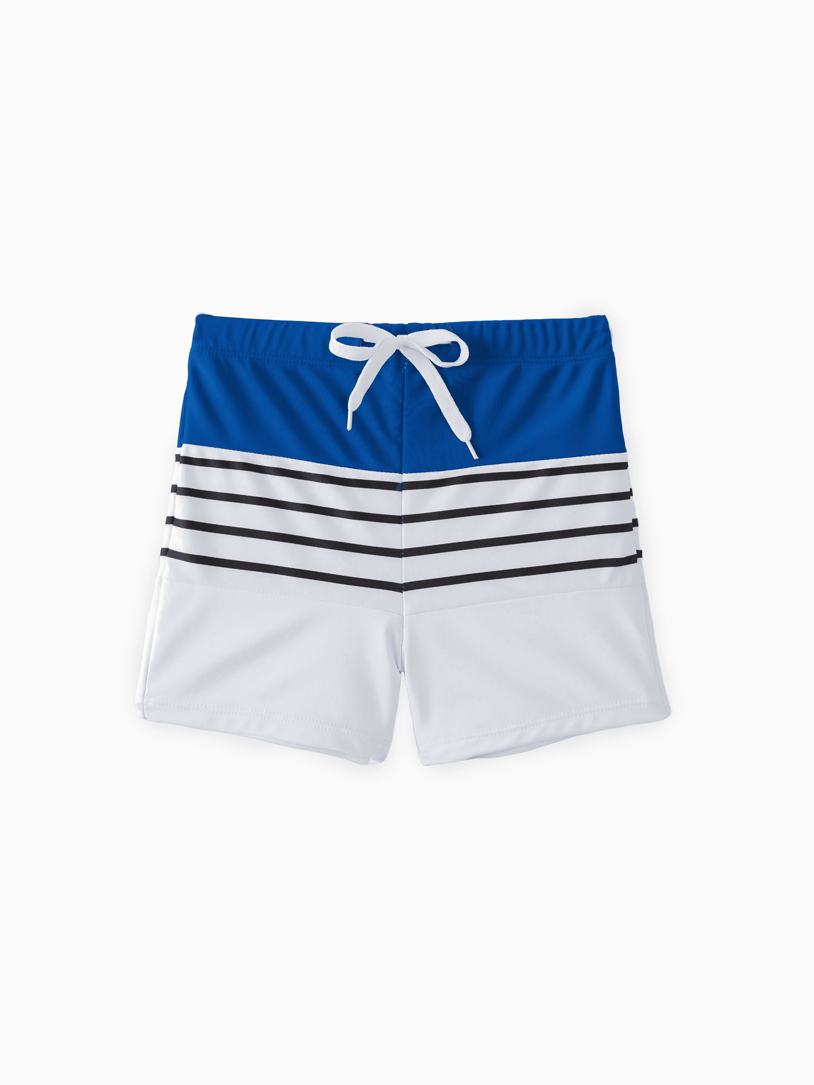 

Matching Family Swimsuit Colorblock Drawstring Swim Trunks or Striped Blue Spliced Tankini with Cross-Front, Tie-Back, and Thin Straps