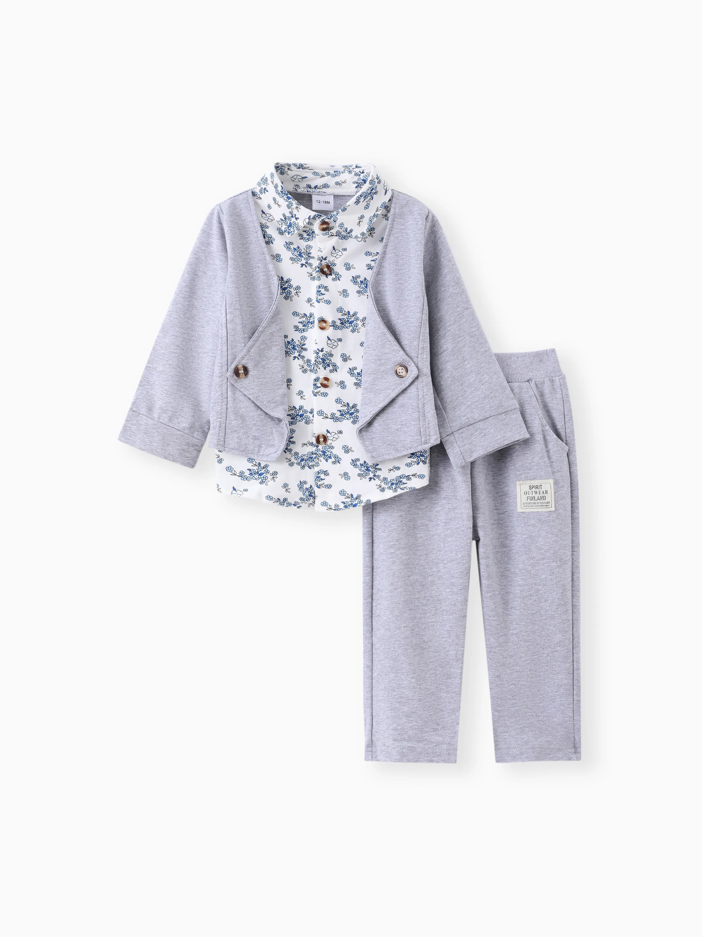 2 Piezas Bebé Niño 95% Algodón De Manga Larga Faux-two Estampado Floral Conjunto De Top Y Pantalones