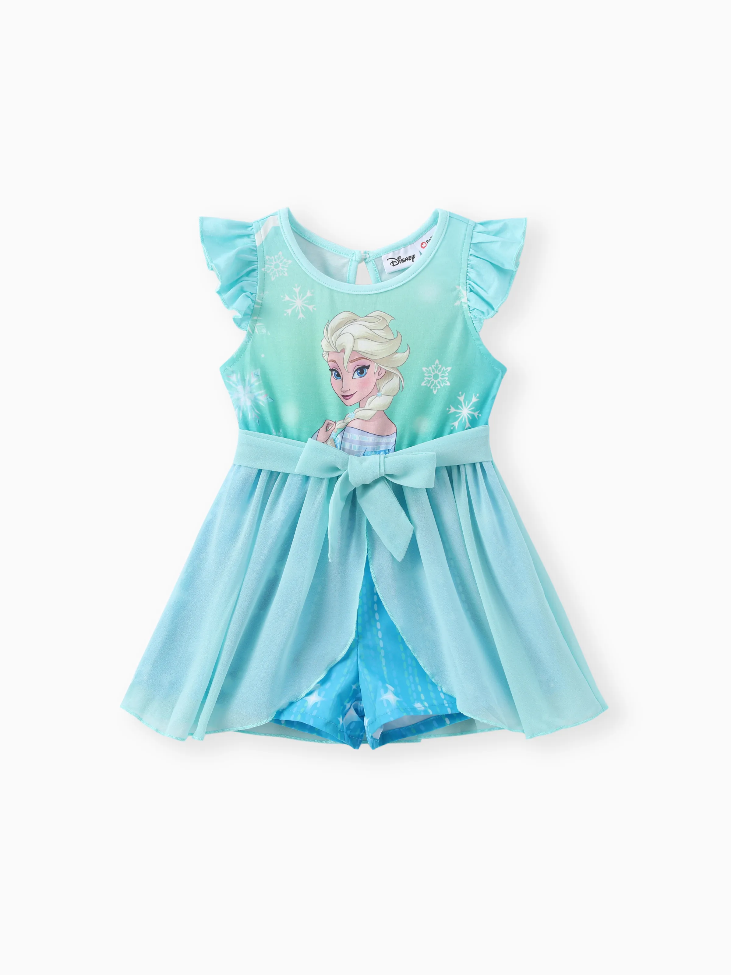 

Disney Frozen Elsa 1pc Toddler Girls Naia™ Character Print Ruffled Bowknot Mesh Romper