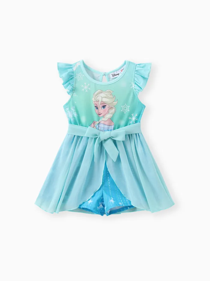 Disney Frozen Elsa 1pc Toddler Girls Naia™ Personagem Print Ruffled Bowknot Mesh Romper 