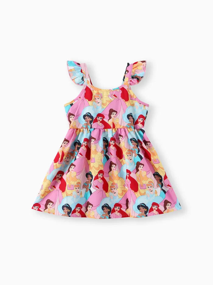 Disney Princess 1pc Toddler Girls All Princess Personagem Print Ruffled-Sleeve com vestido de laço

