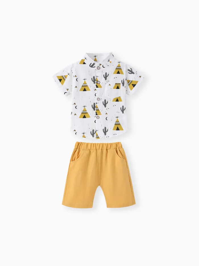 2pcs Baby Boy 95% Cotton Short-sleeve All Over Cactus Print Button Up Shirt and Solid Shorts Set