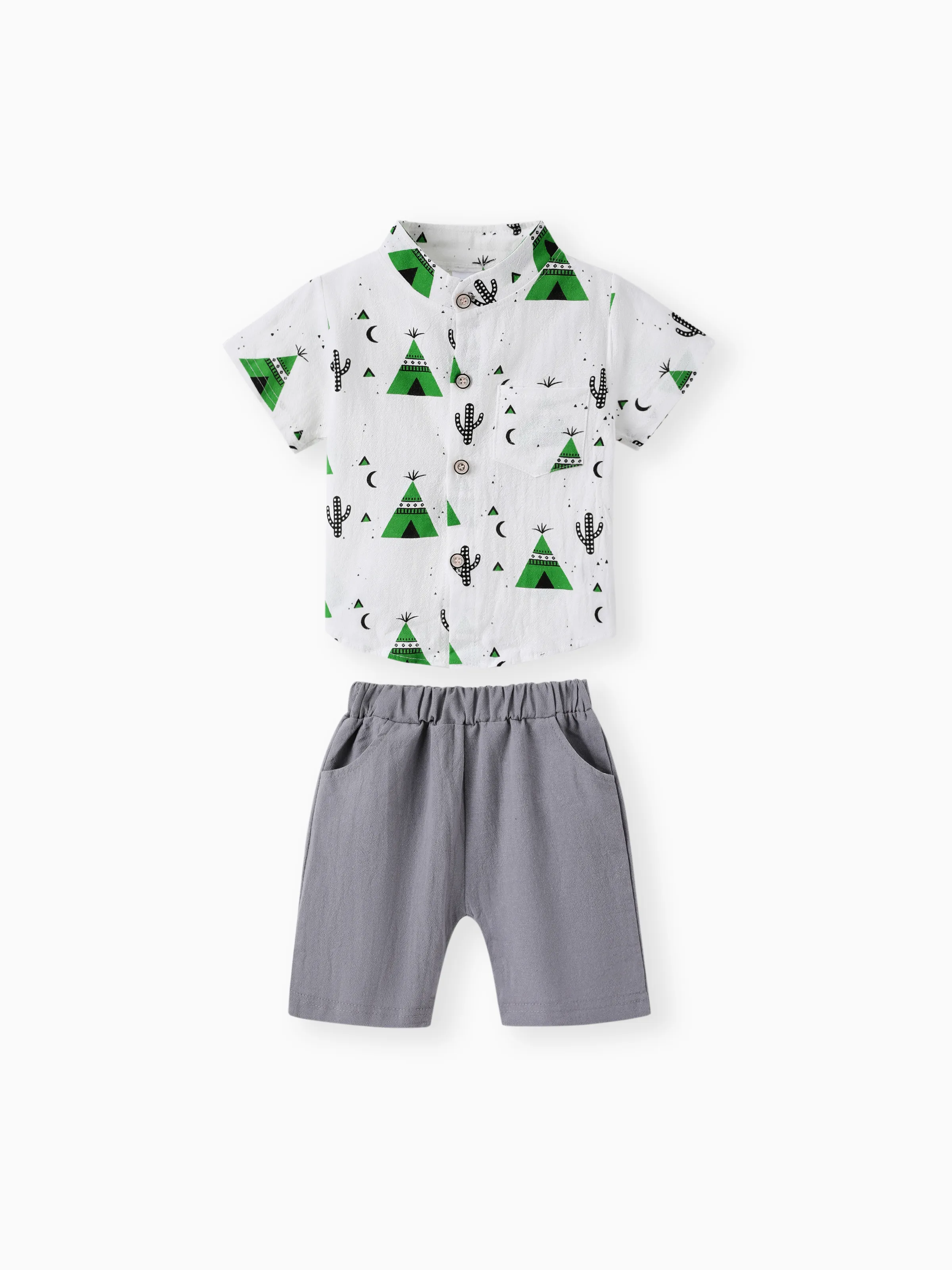 

2pcs Baby Boy 95% Cotton Short-sleeve All Over Cactus Print Button Up Shirt and Solid Shorts Set