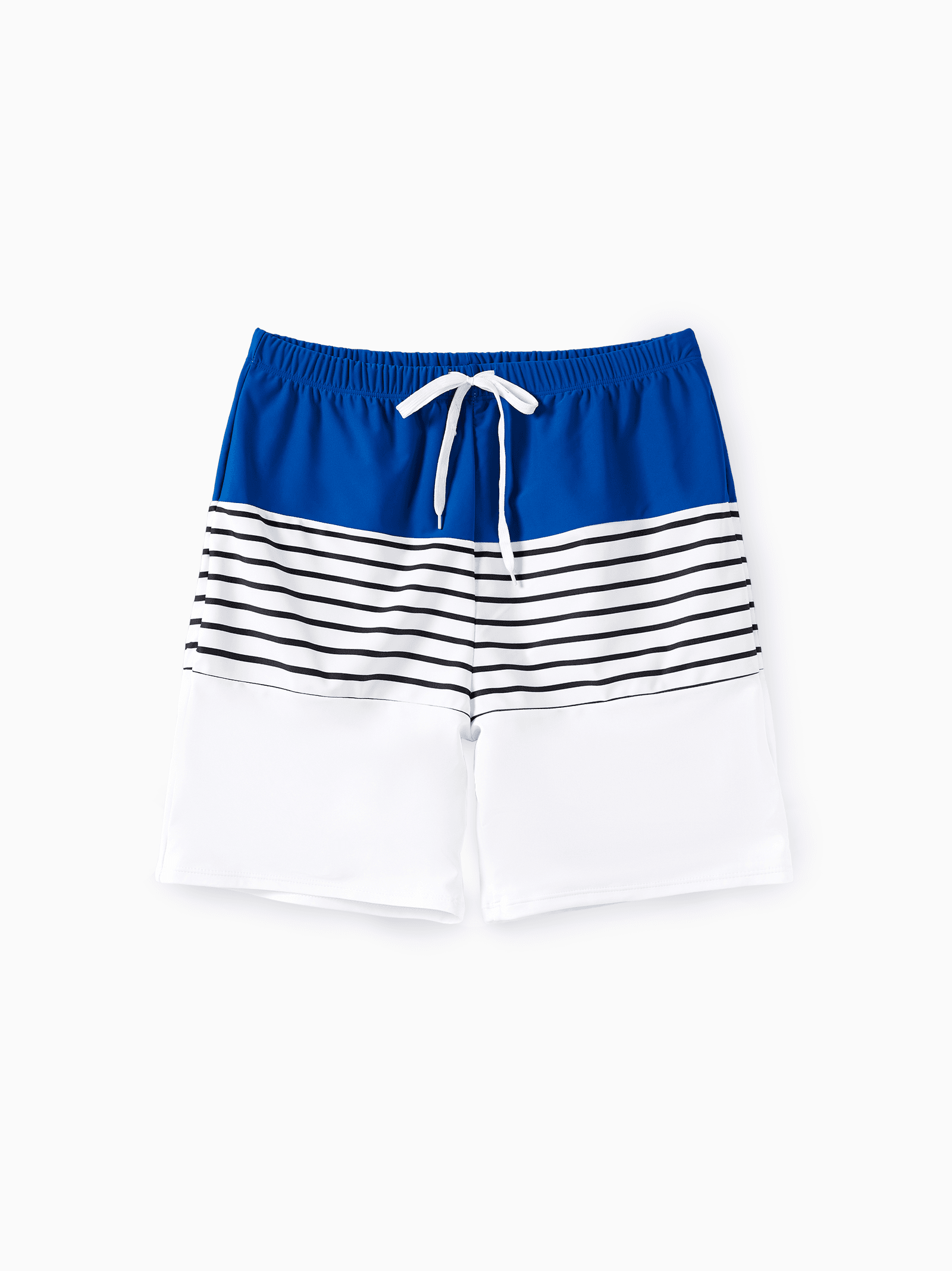

Matching Family Swimsuit Colorblock Drawstring Swim Trunks or Striped Blue Spliced Tankini with Cross-Front, Tie-Back, and Thin Straps