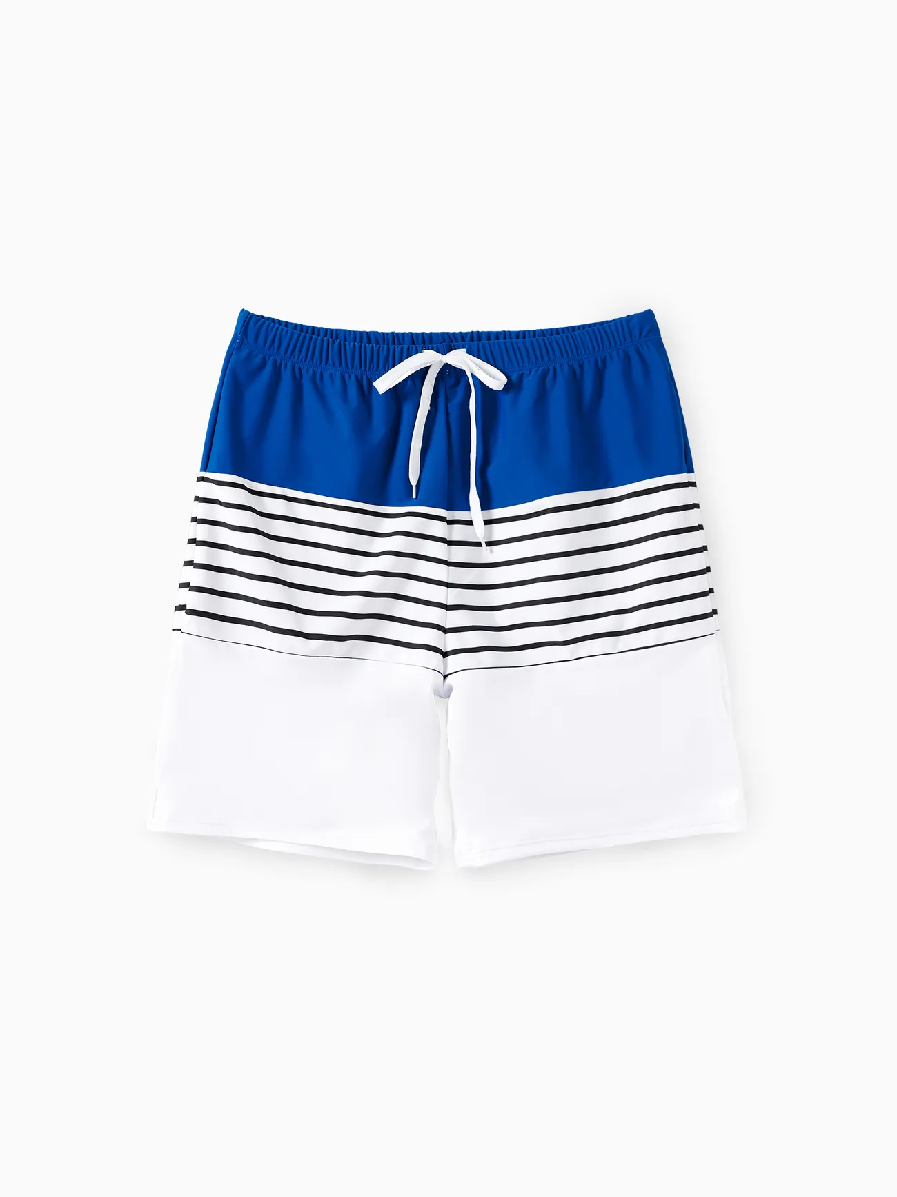 

Matching Family Swimsuit Colorblock Drawstring Swim Trunks or Striped Blue Spliced Tankini with Cross-Front, Tie-Back, and Thin Straps