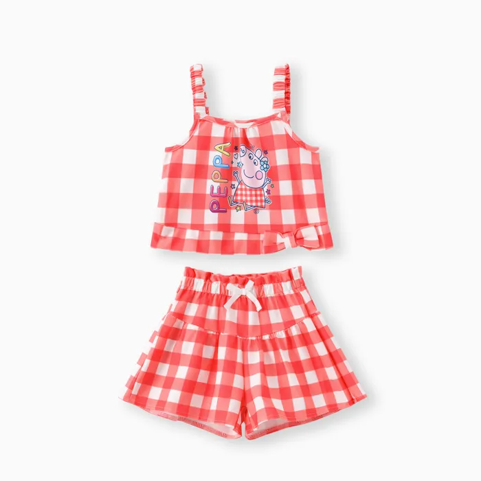 Peppa Pig Toddler Girls 2pcs Top sin mangas con estampado a cuadros con conjunto de pantalones cortos