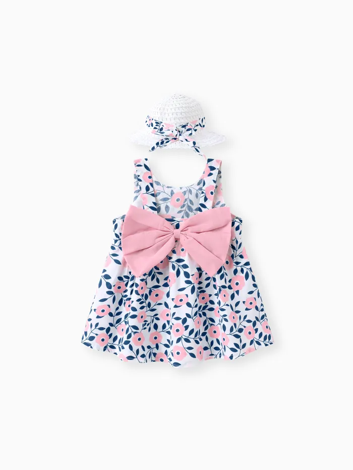 Conjunto de vestido e chapéu de bebê sem mangas com estampa floral de 2 peças