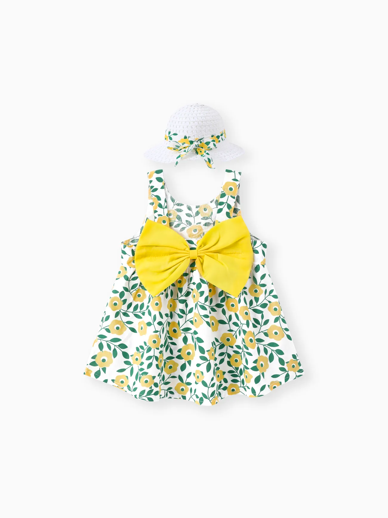 2pcs Floral Print Bowknot Sleeveless Baby Dress & Hat Set