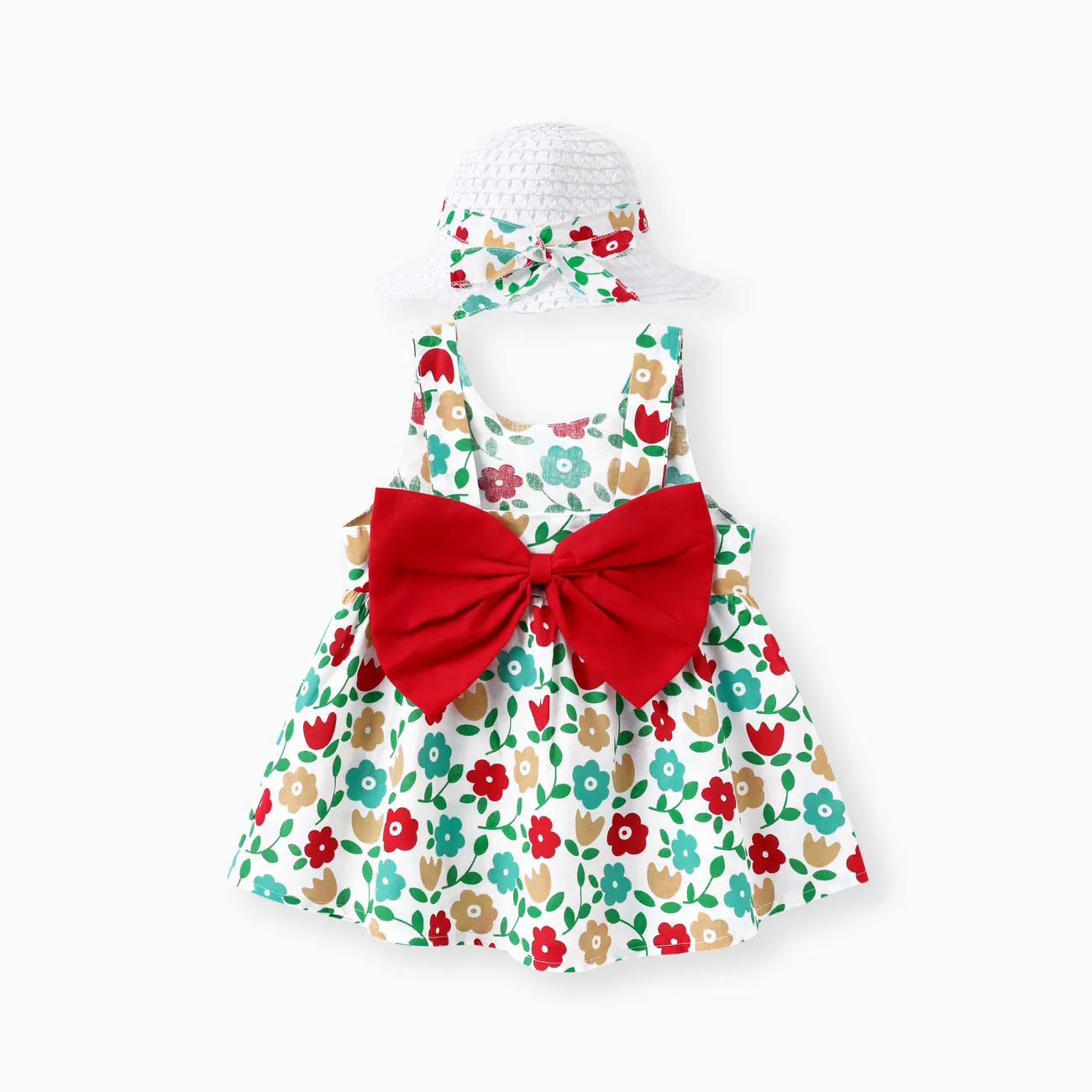 2pcs Floral Print Bowknot Sleeveless Baby Dress & Hat Set