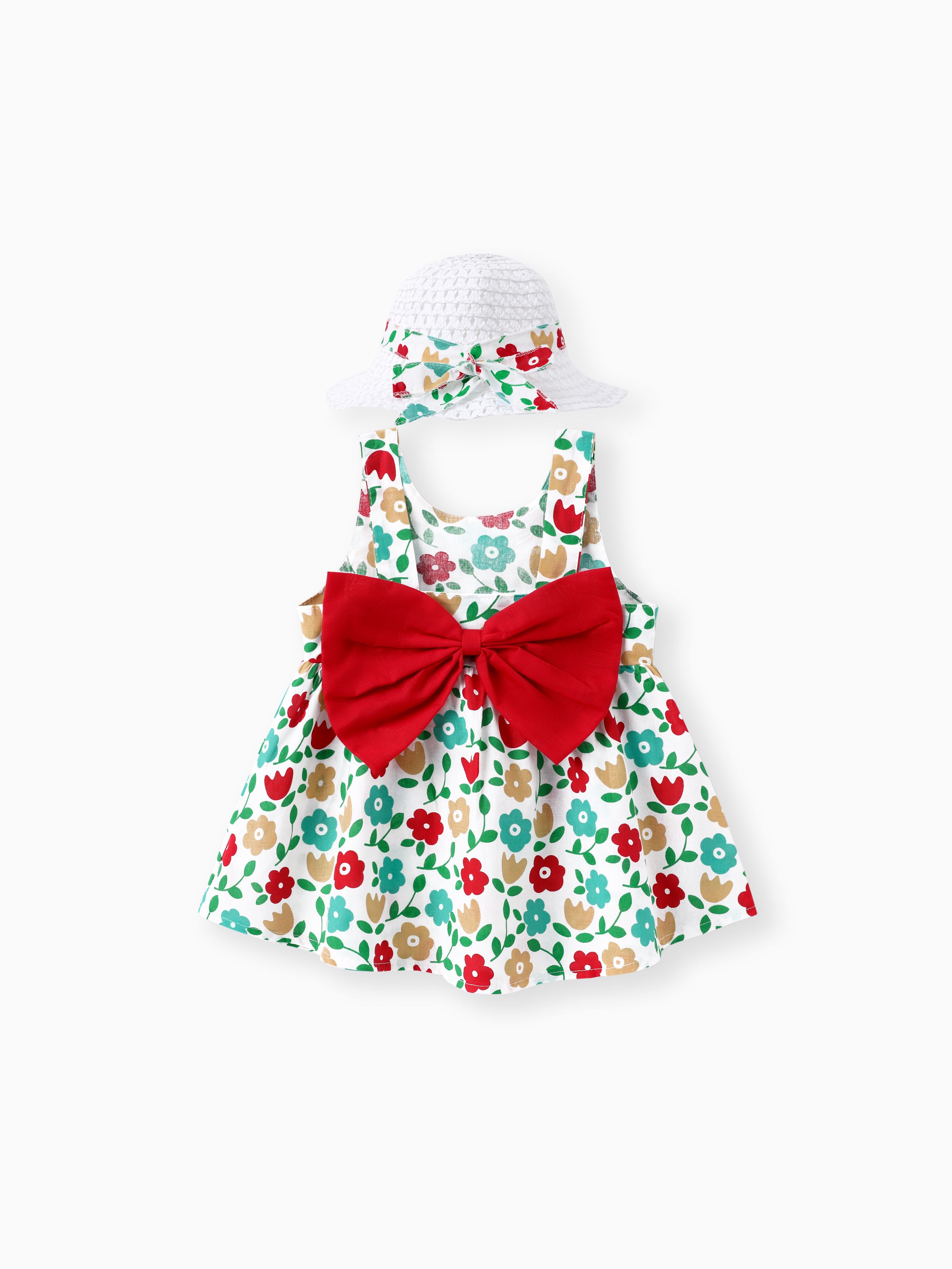 

2pcs Floral Print Bowknot Sleeveless Baby Dress & Hat Set
