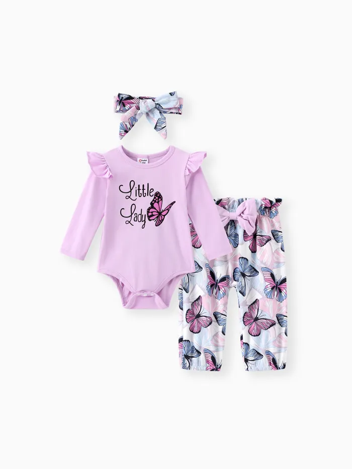 3pcs Baby Girl 95% Cotton Ruffle Long-sleeve Ladybug Letter Print Romper and Bowknot Trousers with Headband Set