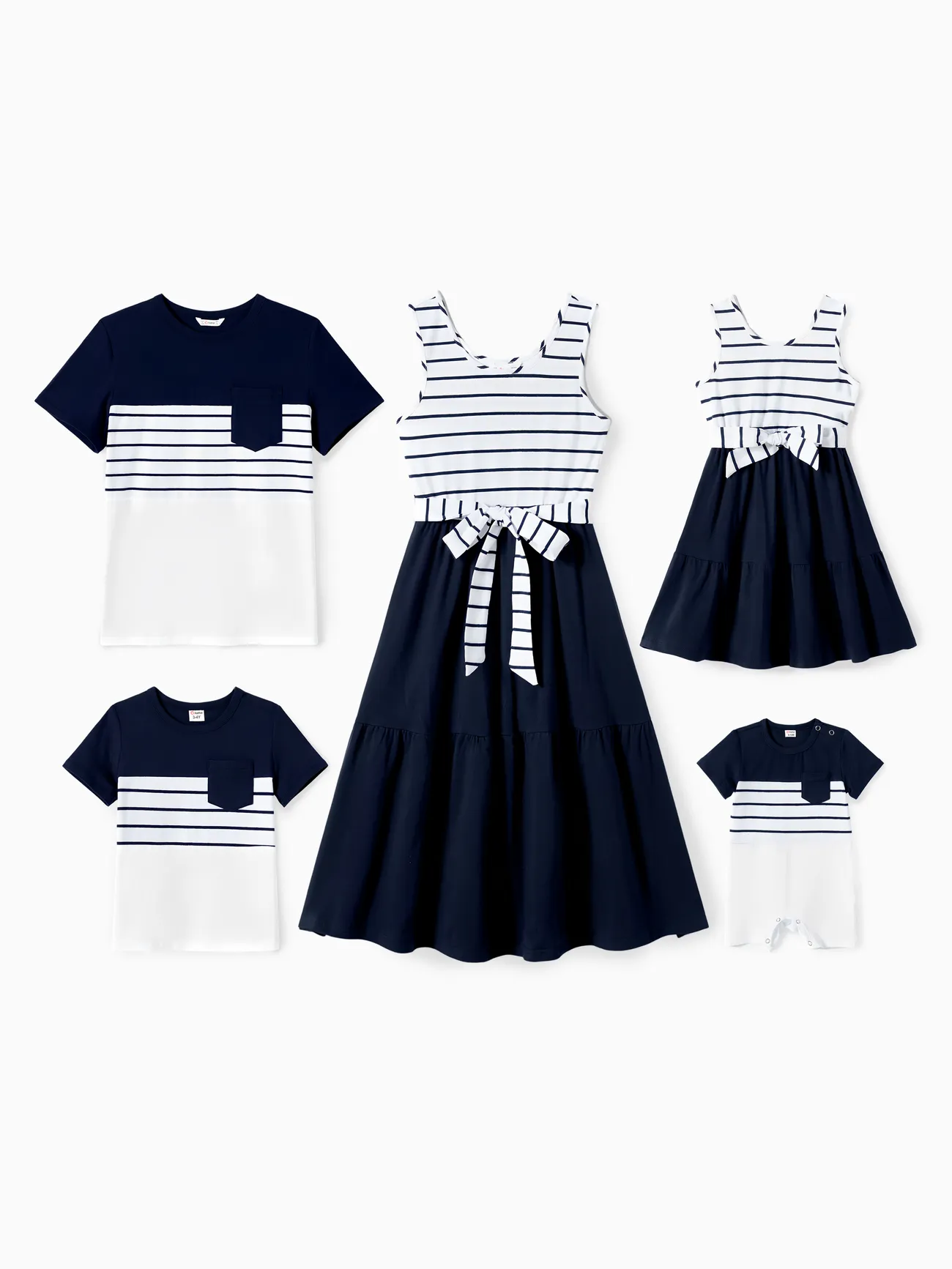 Family Matching Striped Panel Belted Tank Dresses and Cotton Colorblock Short-sleeve T-shirts Sets - royalblue - image 1