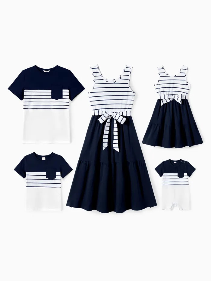 Family Matching Striped Panel Belted Tank Dresses and Cotton Colorblock Short-sleeve T-shirts Sets
