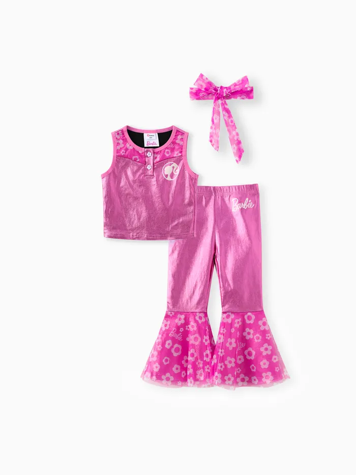Barbie Toddler Girls 3pcs Tank Top Floral com Calças Flare e Conjunto de Faixa de Cabelo