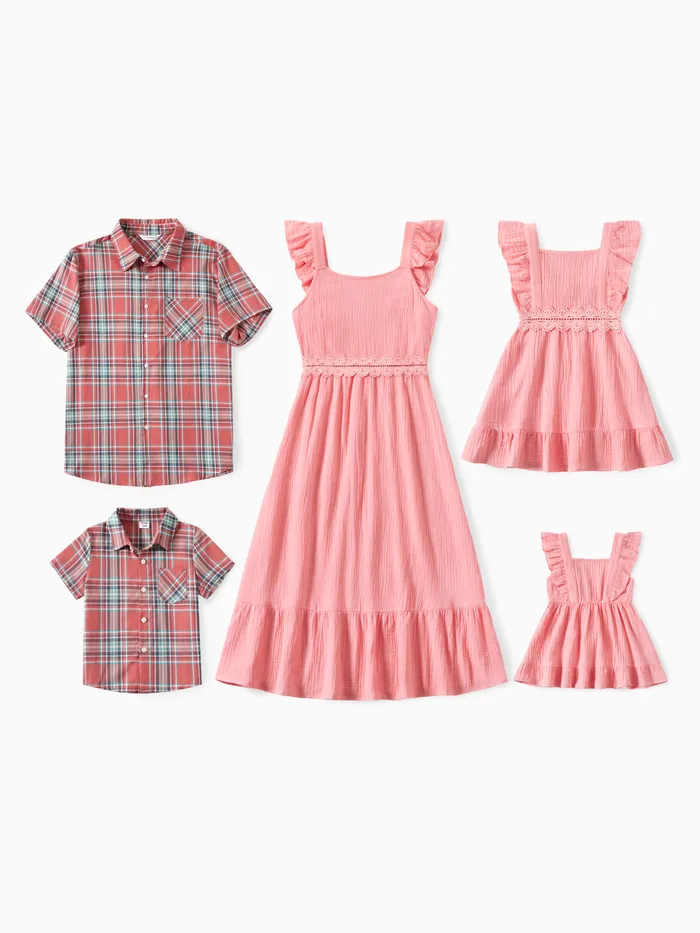Family Matching Plaid Shirt and Pink Cotton Shirred Back Flutter Strap Dress Sets