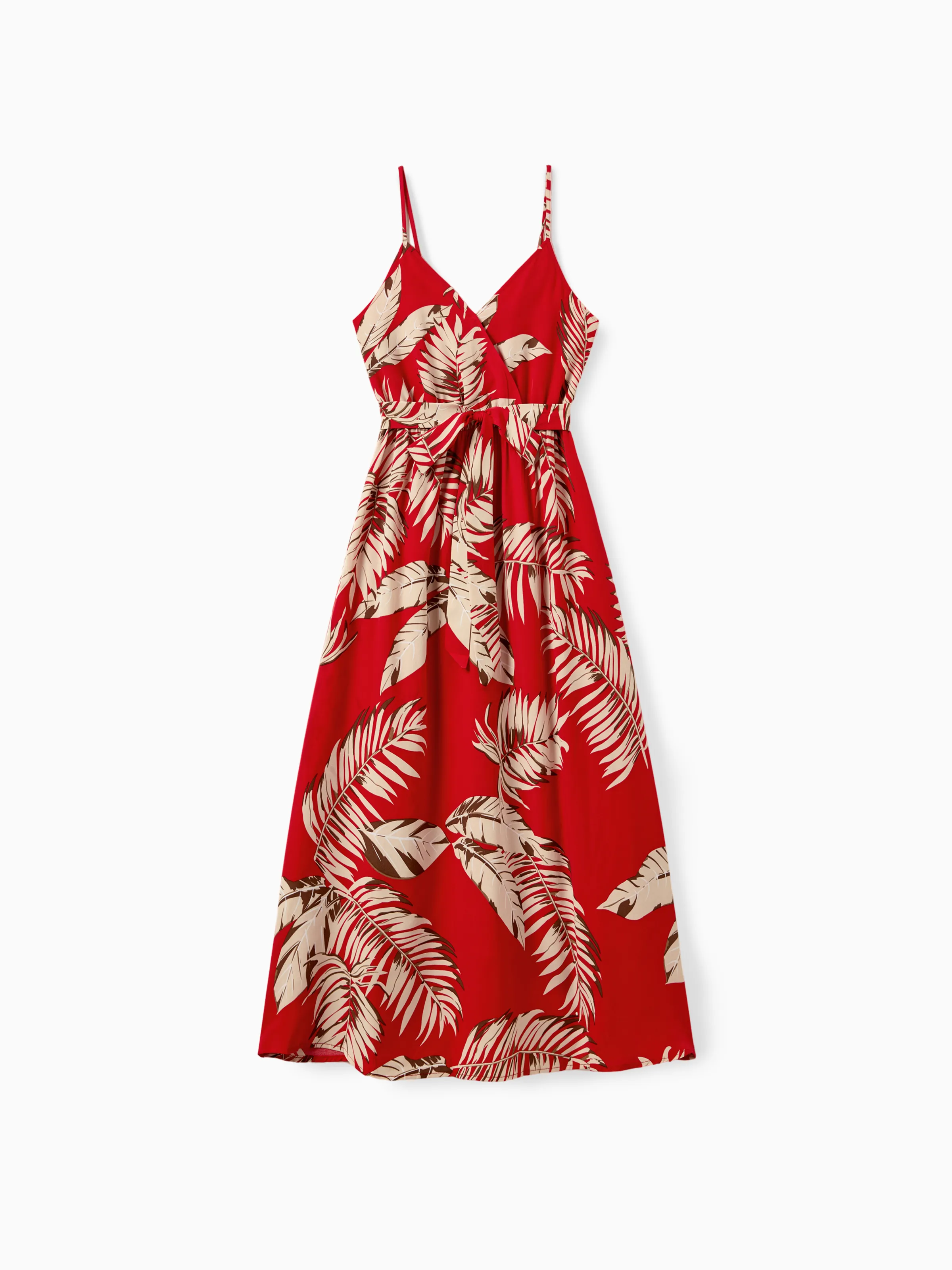 

Family Matching Floral Panel T-shirt and Concealed Button Leaf Print Strap Dress Sets