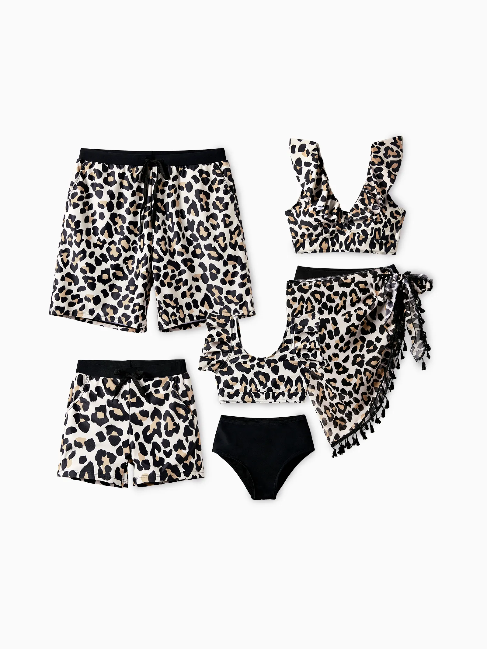 Family Matching Leopard Pattern Drawstring Swim Trunks or Ruffle Neck Two-Piece Bikini with Optional Cover Up Sarong Skirt 